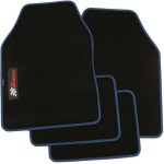 AUTÓ SZŐNYEG FEKETE-SÖTÉTKÉK 4-es szett CSÚSZÁSMENTES Tépőzáras rögzítés mellékelve Gumi granulátum hátlappal